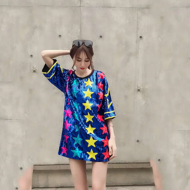 Shiny Five Pointed Star Short Loose Mid Length New Trendy Brand Women'S Top Blue - Shop at LoveMi