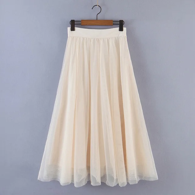 Spring New Style New Sweet Wind Mesh Thin Casual Long Skirt Women Beige - Shop at LoveMi