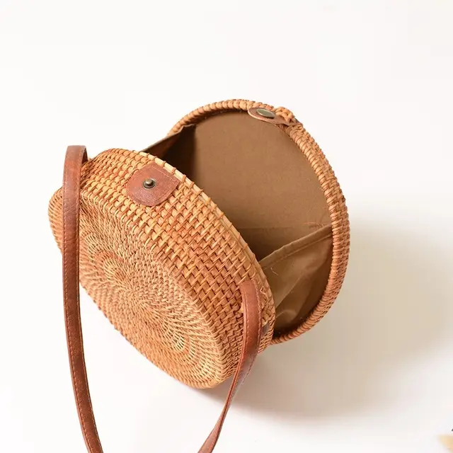 One shoulder diagonal basket flap round woven bag Primary Color - Shop at LoveMi
