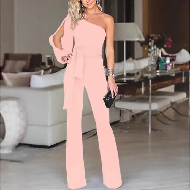 Ladies High Waist Slim One Shoulder Jumpsuit Pink - Shop at LoveMi