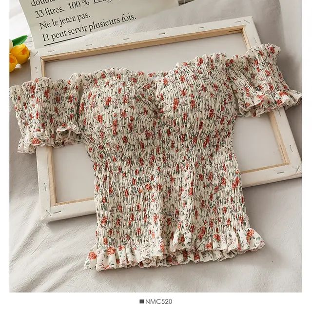 Shirt Floral Small Fresh Wooden Ears Retro Wrinkled Shoulder Tops Female Word New Slim Short Shirt Apricot - Shop at LoveMi