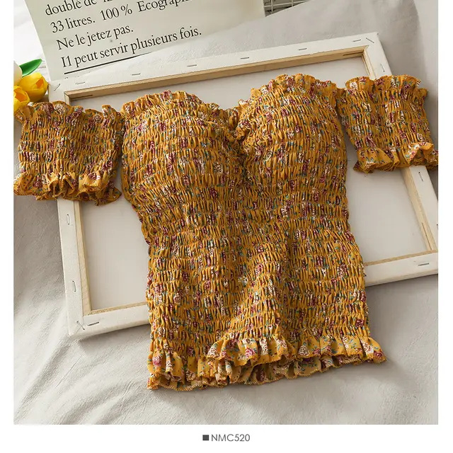 Shirt Floral Small Fresh Wooden Ears Retro Wrinkled Shoulder Tops Female Word New Slim Short Shirt Yellow - Shop at LoveMi