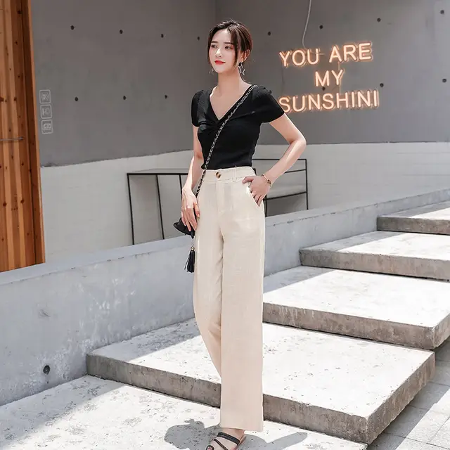 Cotton And Linen Drape Straight leg Linen Wide leg Pants Apricot - Shop at LoveMi