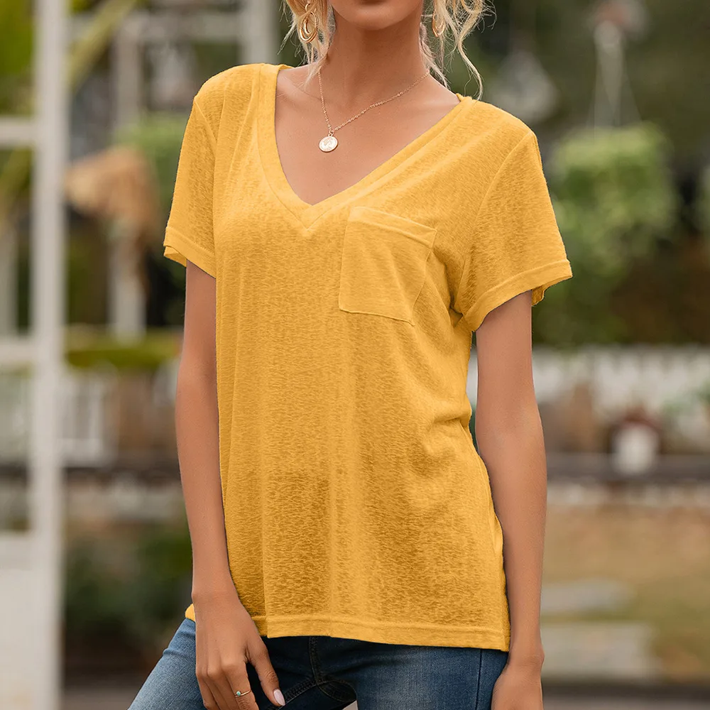 European And American Women'S V Neck Pocket Casual Loose Short Sleeved T Shirt Top Yellow - Shop at LoveMi