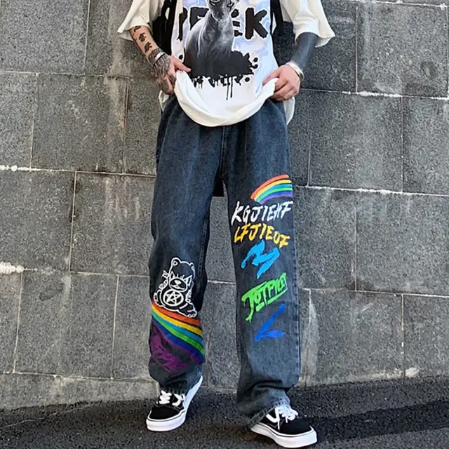 Loose Straight Trend Ins High Street Hip Hop Graffiti Rainbow Letters Printed Trousers Blue - Shop at LoveMi