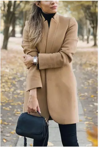 Fall Winter New Style European And American Fashion Solid Color Stand-Up Collar Woolen Jacket - Khaki