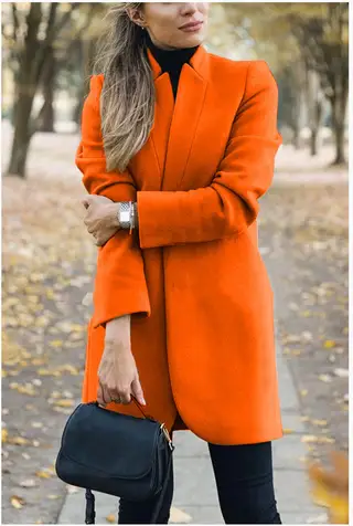 Fall Winter New Style European And American Fashion Solid Color Stand-Up Collar Woolen Jacket - Orange