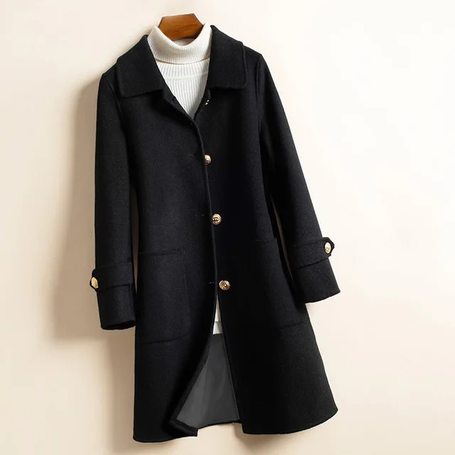 Women's Thick Mid Length Woolen Coat Black - Shop at LoveMi