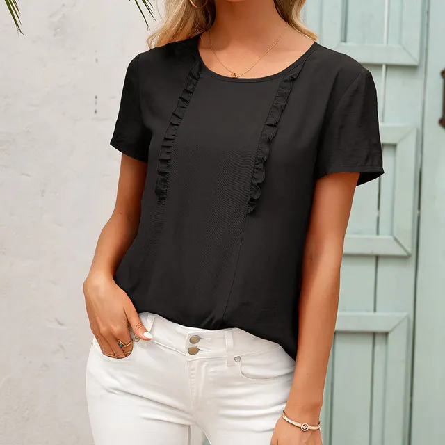 Stitching Wood Ear Lace Round Neck Short Sleeve Lining Top Women Black - Shop at LoveMi