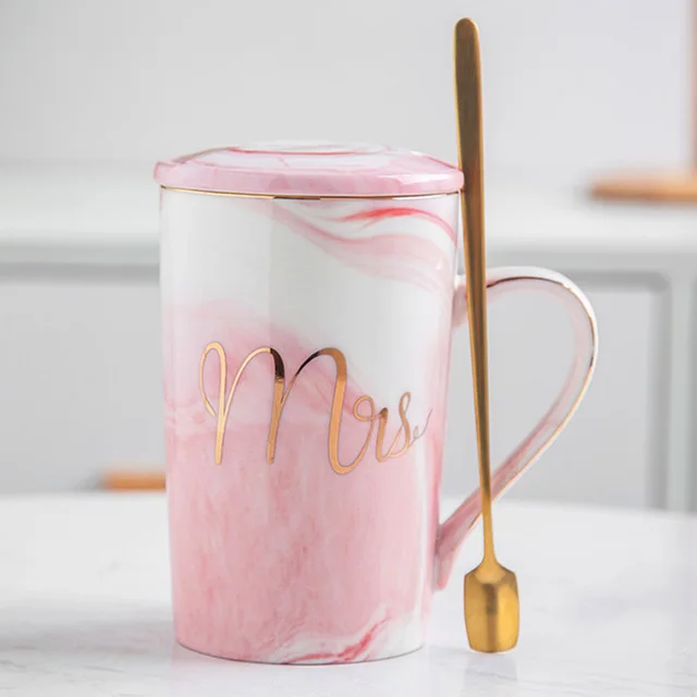 Ceramic Cup Custom Marble Pattern Bride Souvenir Couple Water Cup Wedding Gift Lid Spoon - Shop at LoveMi