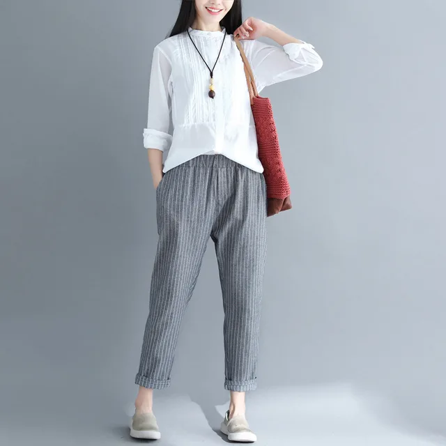 Cotton And Linen Loose Striped Casual Pants Elastic Waist Women's Trousers Black - Shop at LoveMi