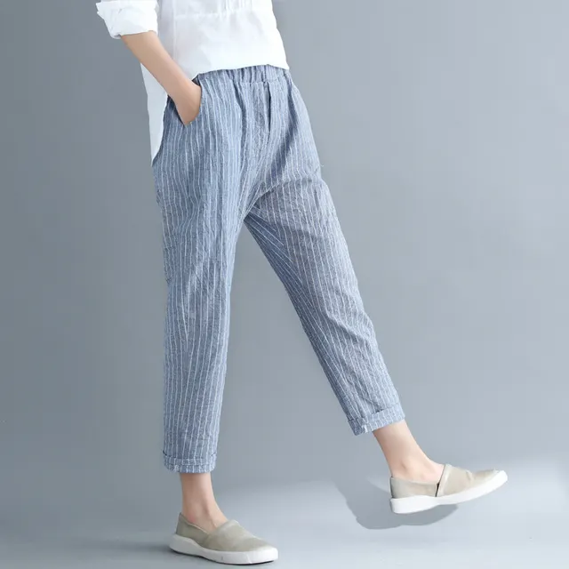 Cotton And Linen Loose Striped Casual Pants Elastic Waist Women's Trousers Blue - Shop at LoveMi