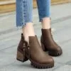 Chunky Heel Short Boots Female Side Zipper High Heel Martin Boots Round Toe Women'S Boots Khaki - Shop at LoveMi