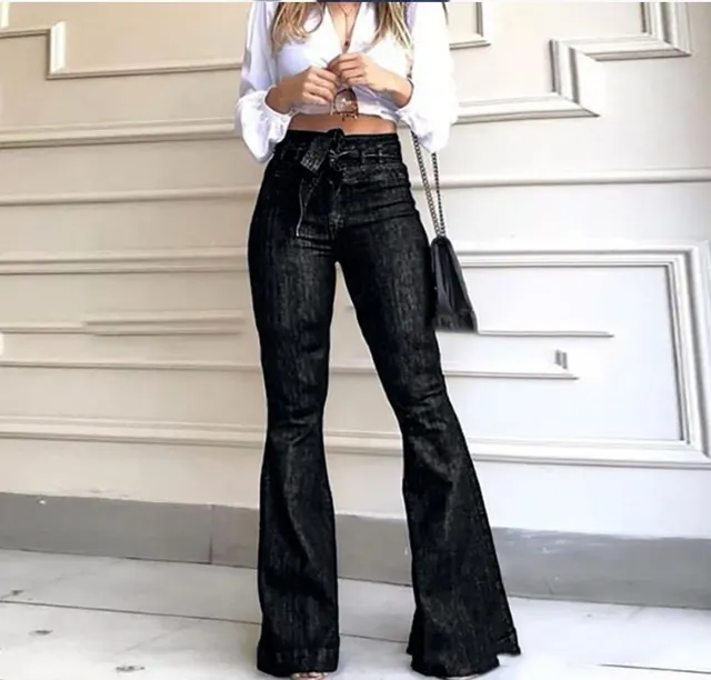 High Rise Micro Elastic Lace Up Flared Trousers Wide Leg Jeans Black - Shop at LoveMi