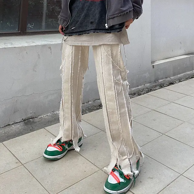 Deconstructed Stitching Raw Edge Patch High Street White Jeans Men's And Women's Trousers Niche White - Shop at LoveMi