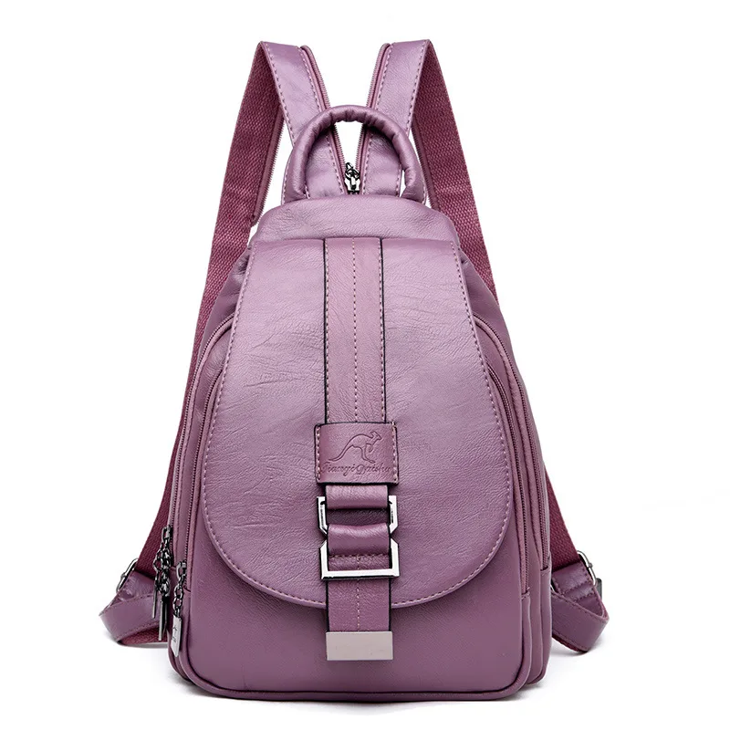 Foreign Trade Cross Border Backpack New Female Chest Bag Wild Lady Backpack Casual Soft Leather Multi Function Backpack Purple - Shop at LoveMi