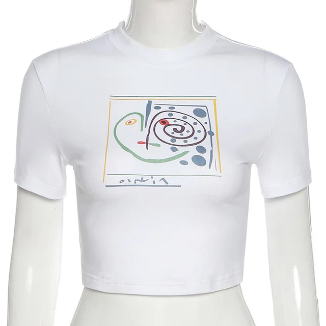 Fashion Printed Short Cropped Sexy Slim Short T Shirt For women's Outer Wear White - Shop at LoveMi