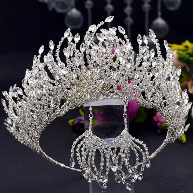 Silver Headwear Beauty Luxury Rhinestones Crown Creative Wedding Hair Crown Crown Earrings - Shop at LoveMi