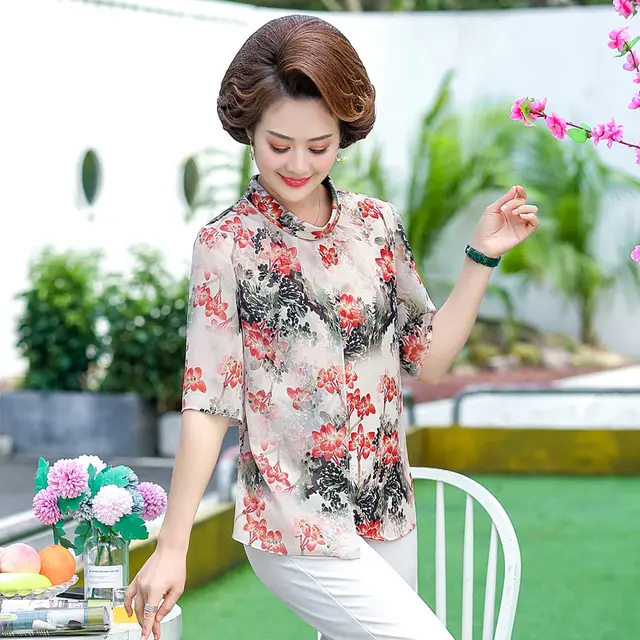 Summer Short Sleeved Chiffon Small Shirt Middle Aged And Elderly Women Foreign Fashion Safflower Top - Shop at LoveMi