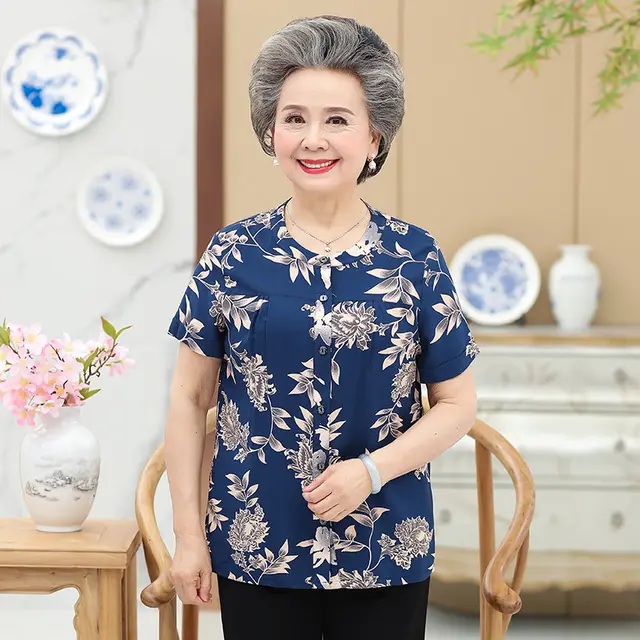 Middle Aged And Elderly Cotton Short Sleeved Grandma Dress Summer Blouse Female Mother 60 70 Year Old Clothes Cotton T Shirt Women 1Style - Shop at LoveMi