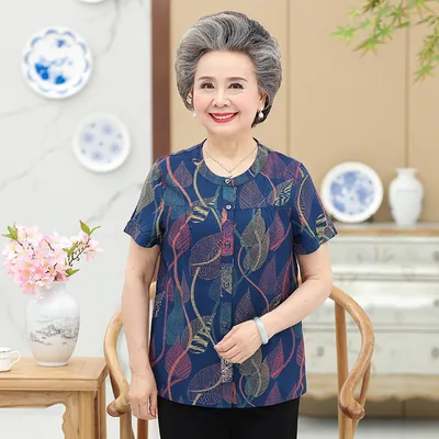Middle Aged And Elderly Cotton Short Sleeved Grandma Dress Summer Blouse Female Mother 60 70 Year Old Clothes Cotton T Shirt Women 2Style L - Shop at LoveMi