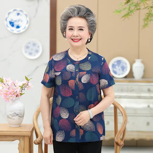 Middle Aged And Elderly Cotton Short Sleeved Grandma Dress Summer Blouse Female Mother 60 70 Year Old Clothes Cotton T Shirt Women 4Style - Shop at LoveMi