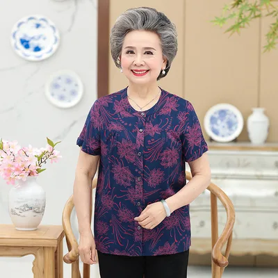 Middle Aged And Elderly Cotton Short Sleeved Grandma Dress Summer Blouse Female Mother 60 70 Year Old Clothes Cotton T Shirt Women 5Style 3Xl - Shop at LoveMi