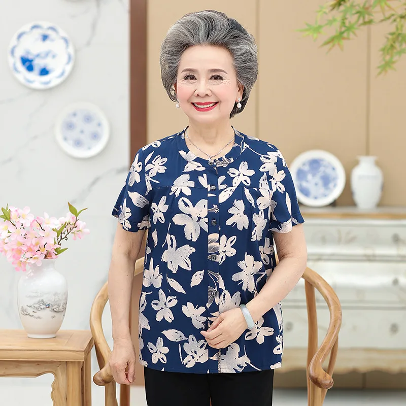 Middle Aged And Elderly Cotton Short Sleeved Grandma Dress Summer Blouse Female Mother 60 70 Year Old Clothes Cotton T Shirt Women 6Style Xl - Shop at LoveMi