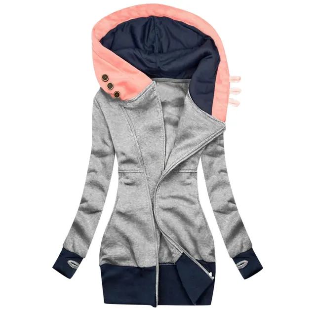 Europe and America Fall Winter New Women's Jacket Solid Color Hooded Long Sleeve Pocket Zipper Sweater Women Gray - Shop at LoveMi
