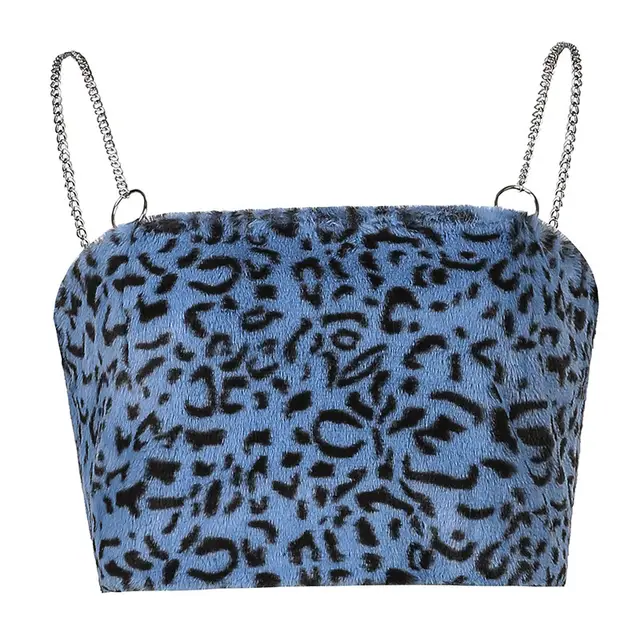 Fried Street Style Chain Shoulder Belt Leopard Pattern Hair Suspender Top Women'S Short Careful Machine Bottomed Vest Blue - Shop at LoveMi
