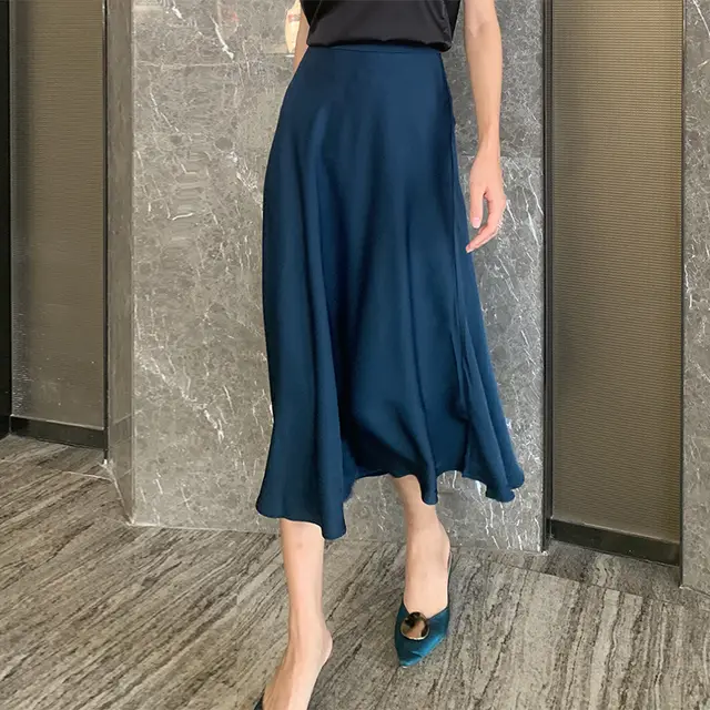 Acetate Satin A Line Skirt, Satin Large Skirt Navy Blue - Shop at LoveMi