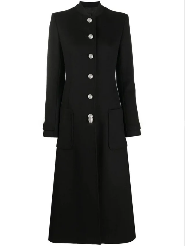 Slim Over Length Woolen Coat With Large Patch Pockets Black - Shop at LoveMi