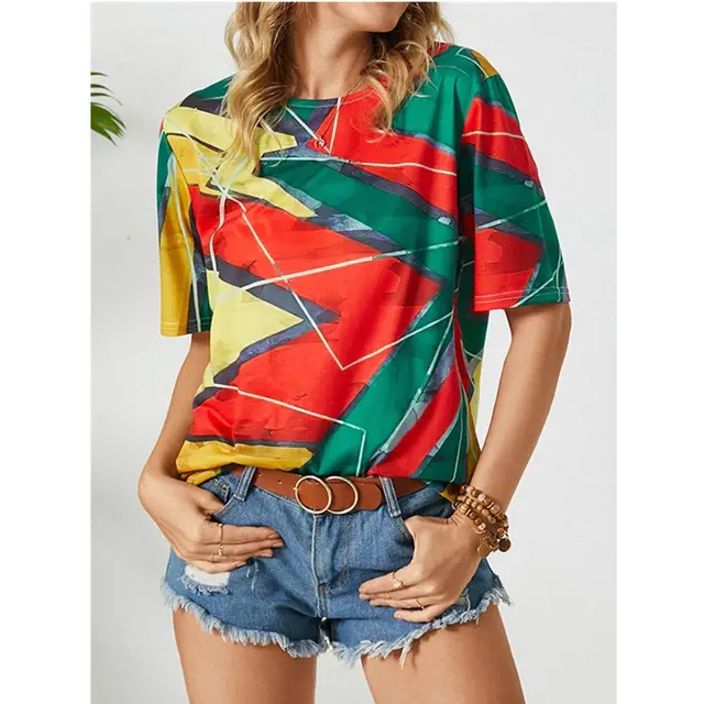Round Neck Print Loose Casual Short sleeved Ladies T shirt Green - Shop at LoveMi