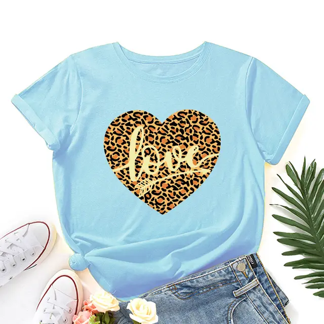 European And American Women's Leopard Love Print Loose Round Light Blue - Shop at LoveMi