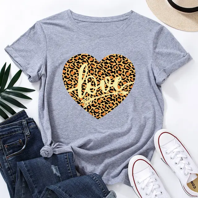 European And American Women's Leopard Love Print Loose Round Light Grey - Shop at LoveMi
