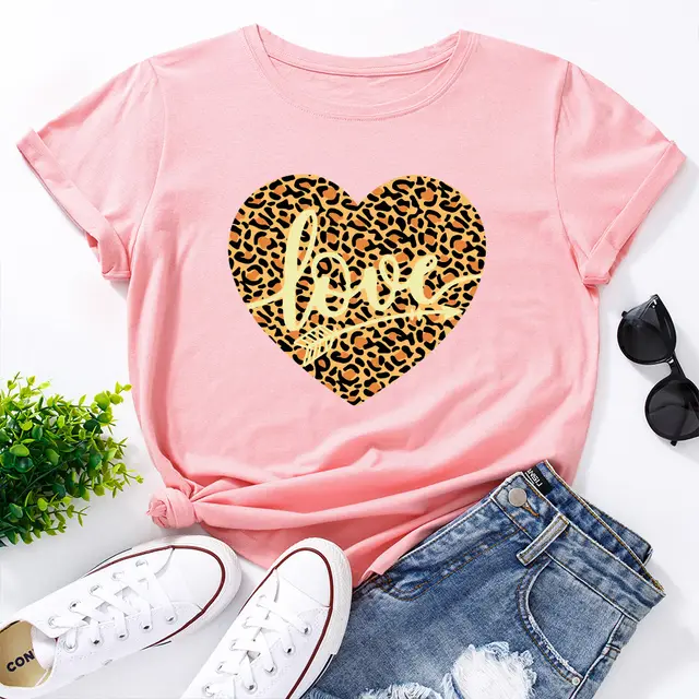 European And American Women's Leopard Love Print Loose Round Pink - Shop at LoveMi