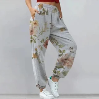 Women's Fixed Flower Loose Casual Trousers - Grey