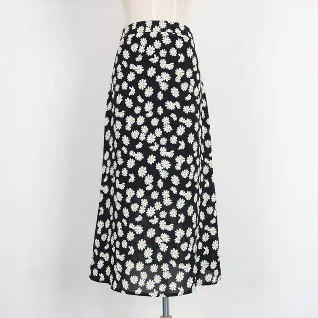 Chiffon Slim Literary Daisy Skirt Black - Shop at LoveMi
