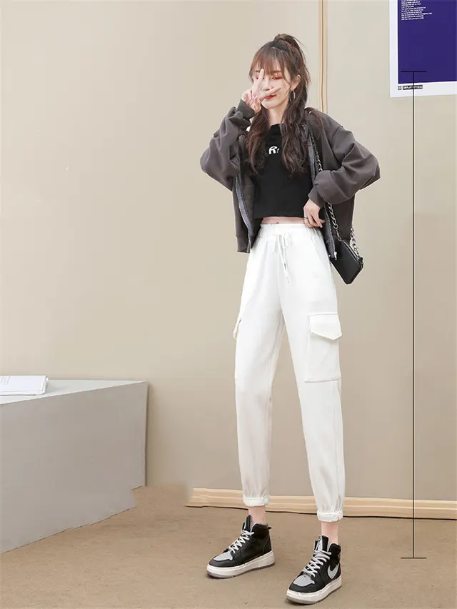 High waisted Casual Overalls Slimming Nine point Guard Pants White - Shop at LoveMi