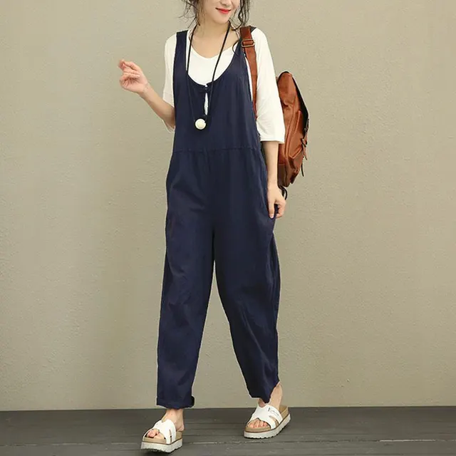 New Style Bib Pants Fat Size Women's Loose Casual Pants Bib Trousers Navy Blue - Shop at LoveMi
