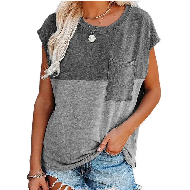 Loose Short sleeved Printed Stitching Pocket T shirt Top Grey - Shop at LoveMi
