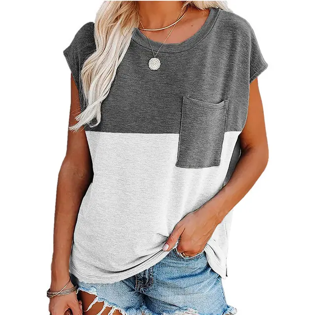 Loose Short sleeved Printed Stitching Pocket T shirt Top White - Shop at LoveMi