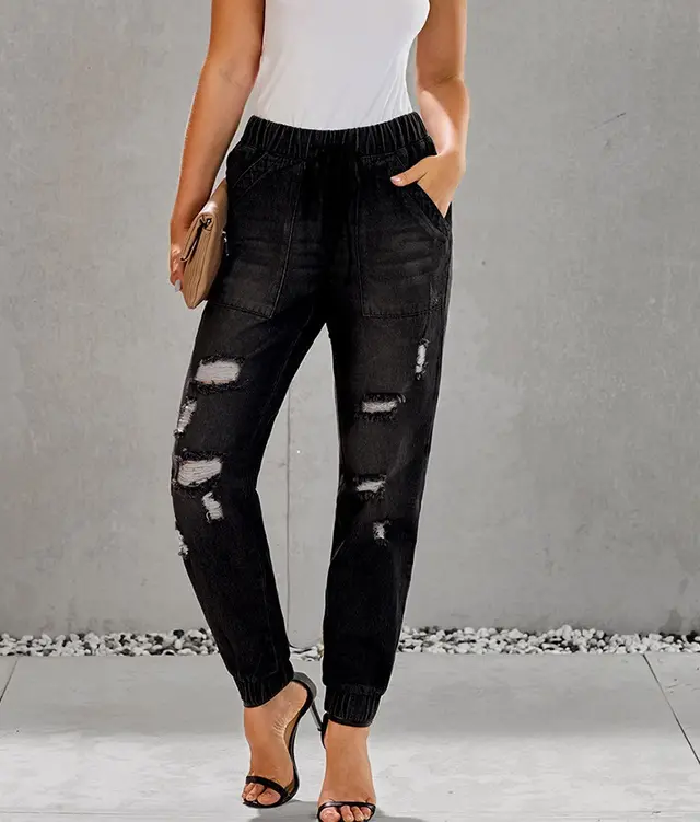 Loose Slim High Rise Ripped Jeans With Drawstring Black - Shop at LoveMi