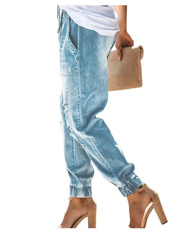 Loose Slim High Rise Ripped Jeans With Drawstring Sky Blue - Shop at LoveMi
