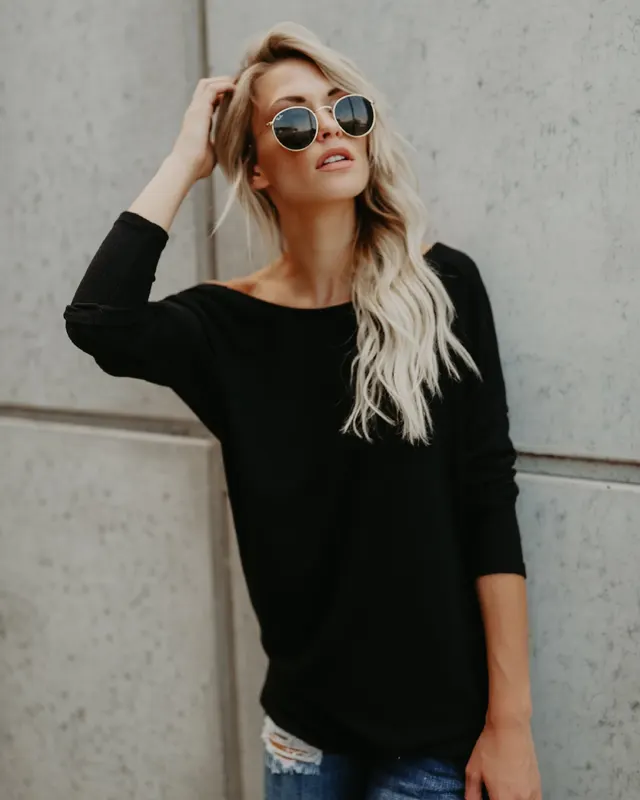 Round Neck Long Sleeve Solid Color Women's T shirt Black - Shop at LoveMi