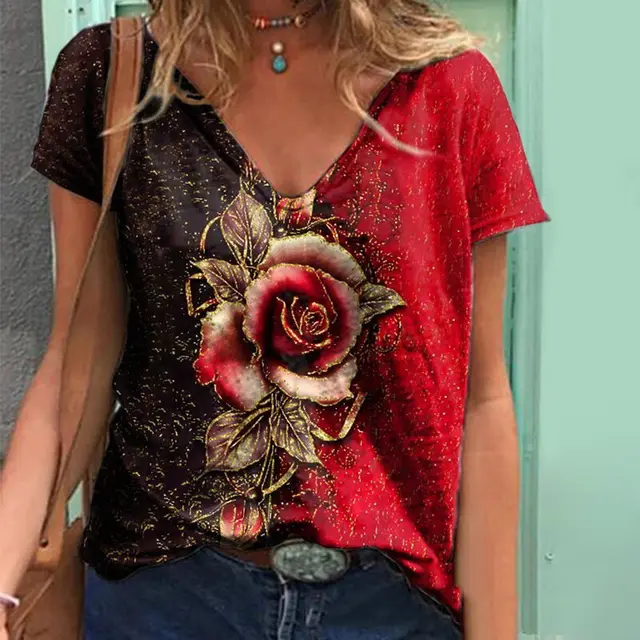 Summer V neck 3D Rose Short Sleeved Loose T shirt Red - Shop at LoveMi