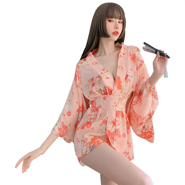 Sexy Lingerie Japanese Printed Bandage Sexy Kimono Nightdress Set Pink - Shop at LoveMi