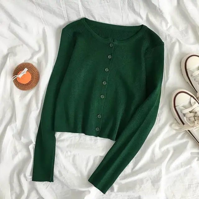 High Waisted Single Breasted Long Sleeved Blouse Women'S Spring Knit Cardigan Slim Slim Short Jacket Green - Shop at LoveMi