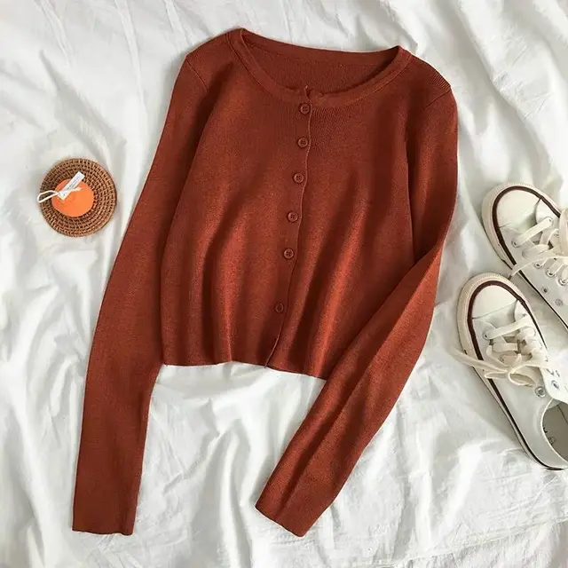 High Waisted Single Breasted Long Sleeved Blouse Women'S Spring Knit Cardigan Slim Slim Short Jacket Khaki - Shop at LoveMi