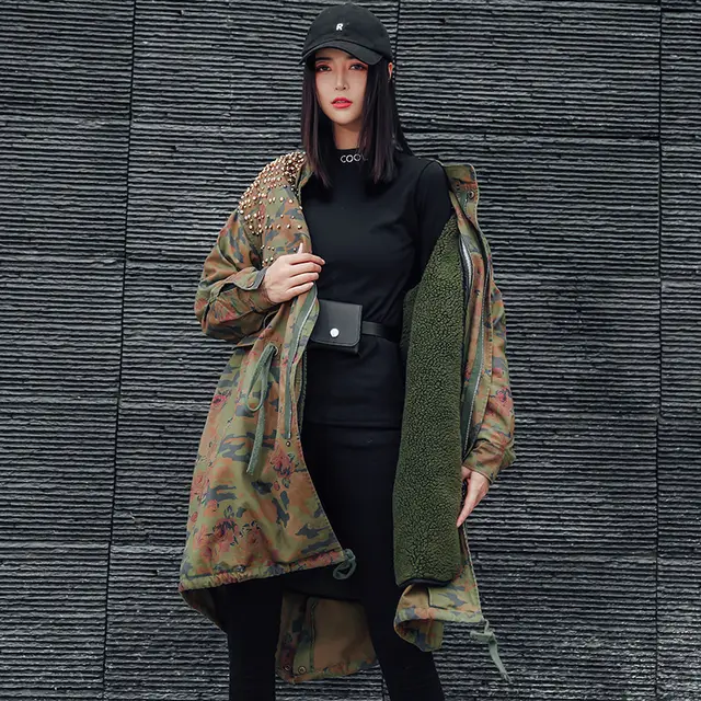 Mid Length Leopard Print Camouflage Rivet European Street Heavy Industry Trench Coat Camouflage - Shop at LoveMi